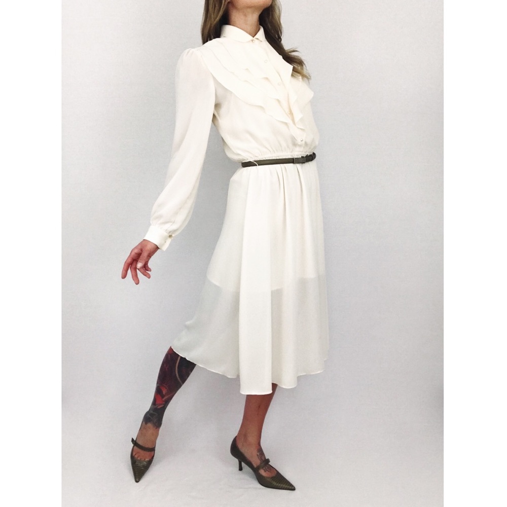 Vintage Sheer Ruffle Midi Dress in Ivory | Size S/M - Picture 9 of 15
